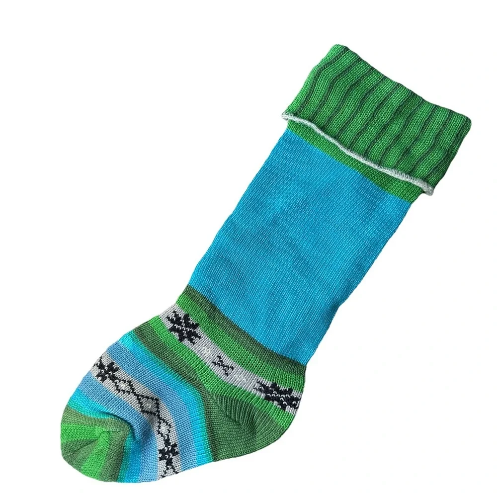 Vintage Hand Knitted Llama‎ Christmas Stocking 21 Inch Beads Accent Green Blue